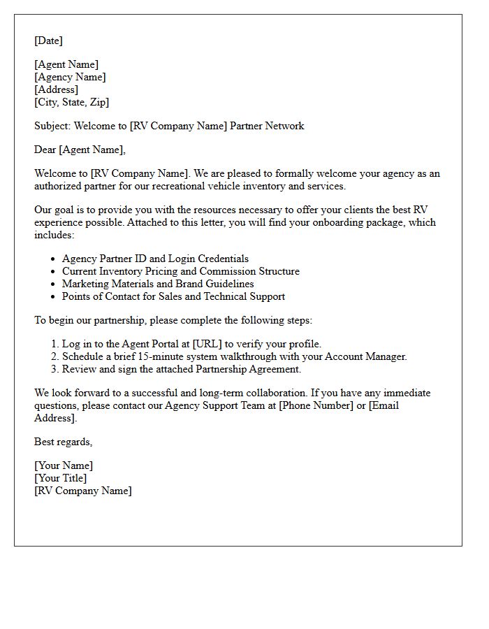 Recreational Vehicle Agency Onboarding Letter