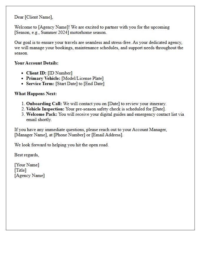 Seasonal Motorhome Client Agency Welcome Letter