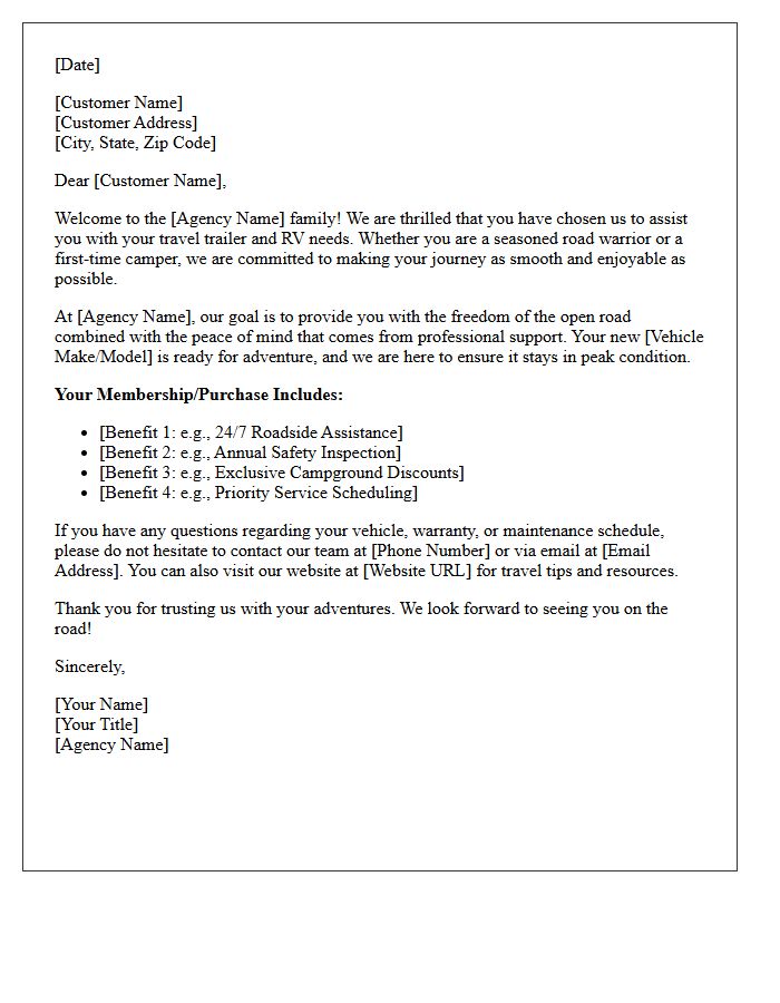 Travel Trailer and RV Agency Welcome Letter
