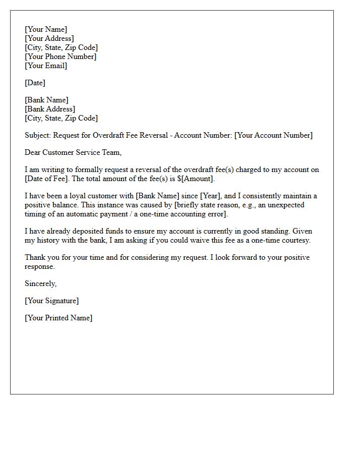Account Overdraft Fee Reversal Letter
