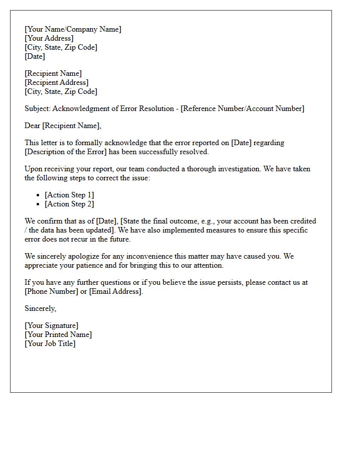 Error Resolution Acknowledgment Letter