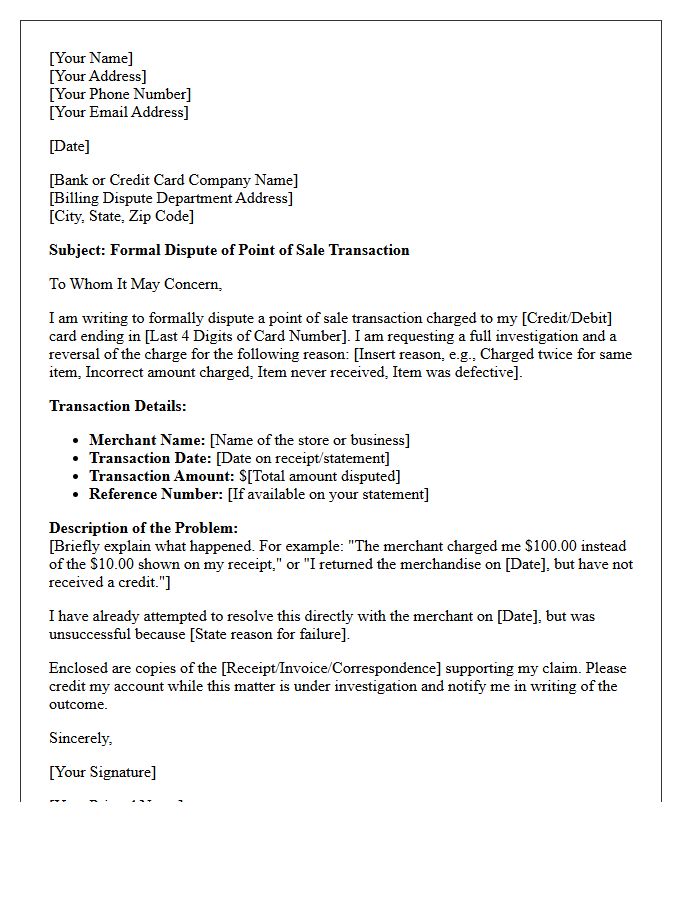 Point Of Sale Dispute Resolution Letter