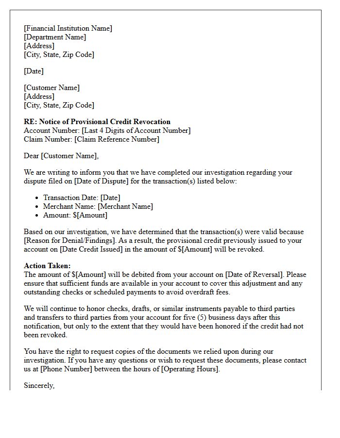 Provisional Credit Revocation Letter