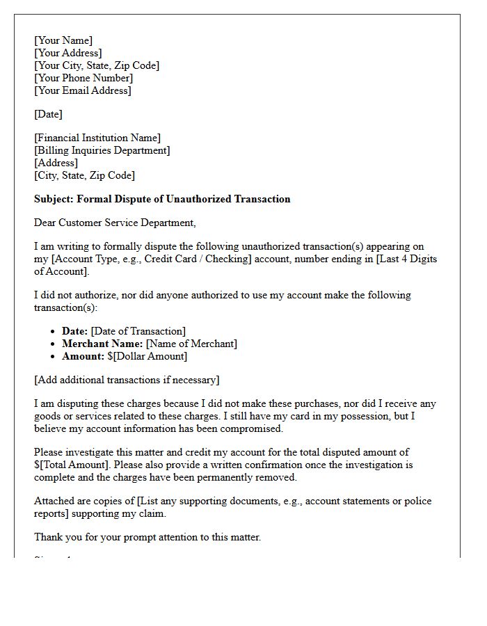 Unauthorized Transaction Dispute Letter