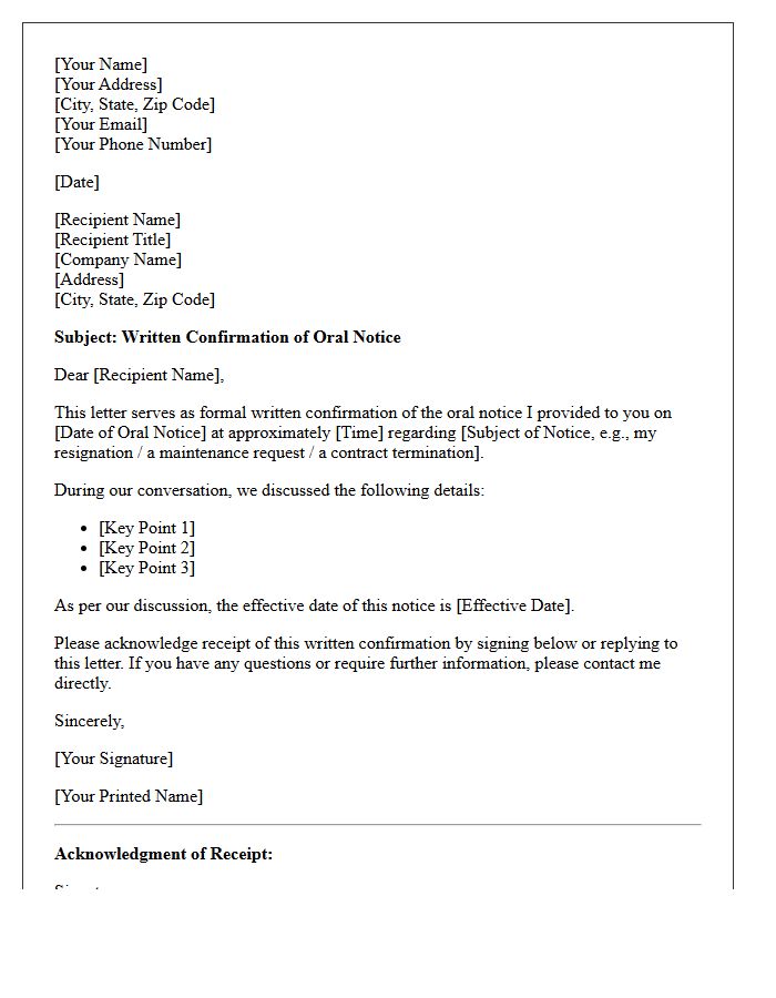 Written Confirmation Of Oral Notice Letter