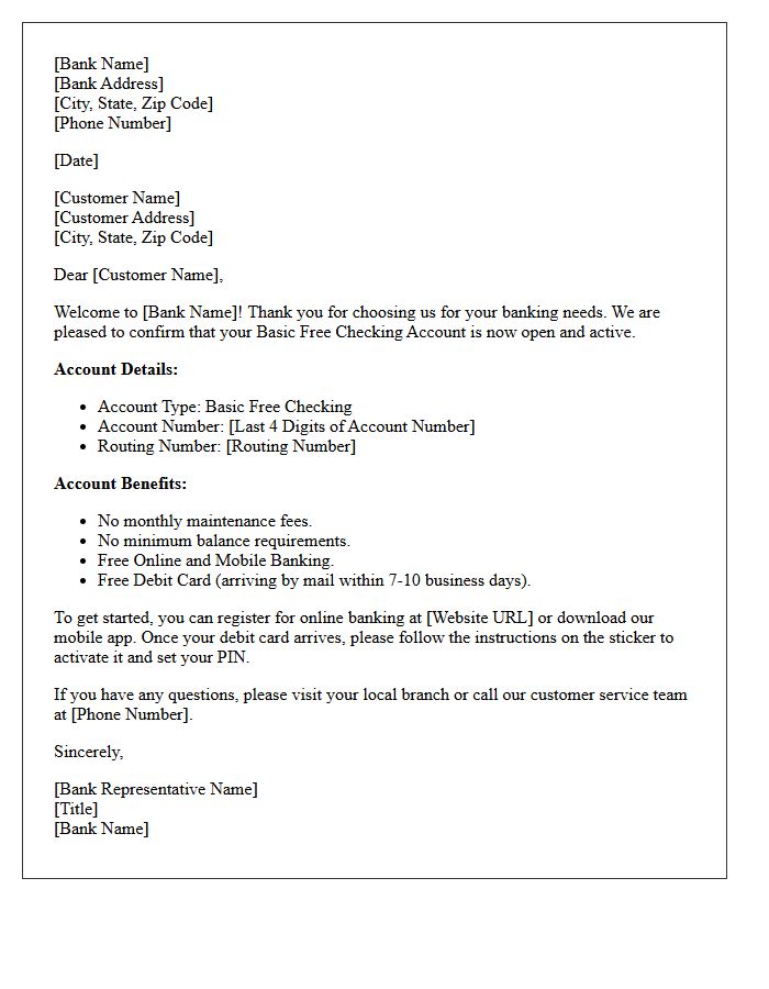 Basic Free Checking Account Welcome Letter