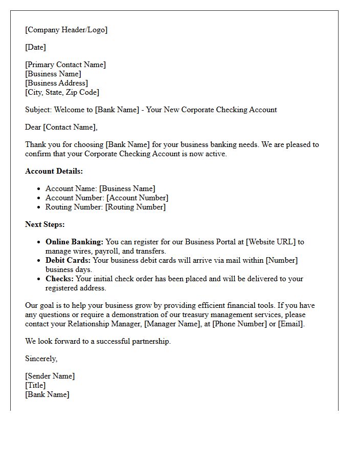 Corporate Checking Account Welcome Letter