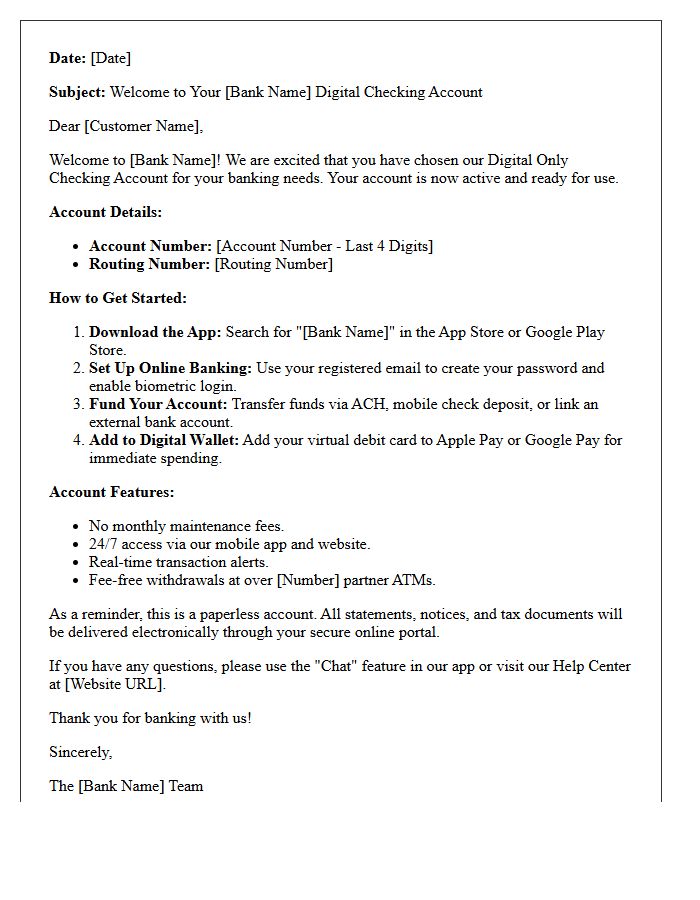 Digital Only Checking Account Welcome Letter