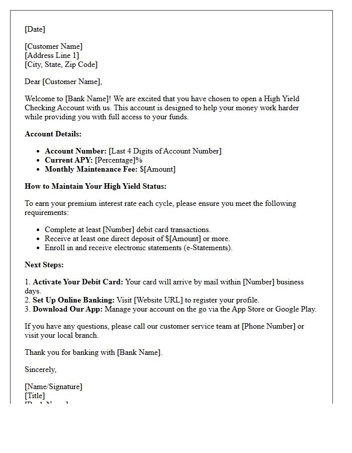 High Yield Checking Account Welcome Letter