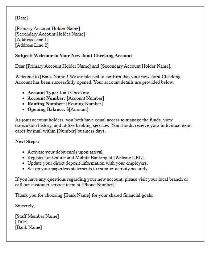 Joint Checking Account Welcome Letter