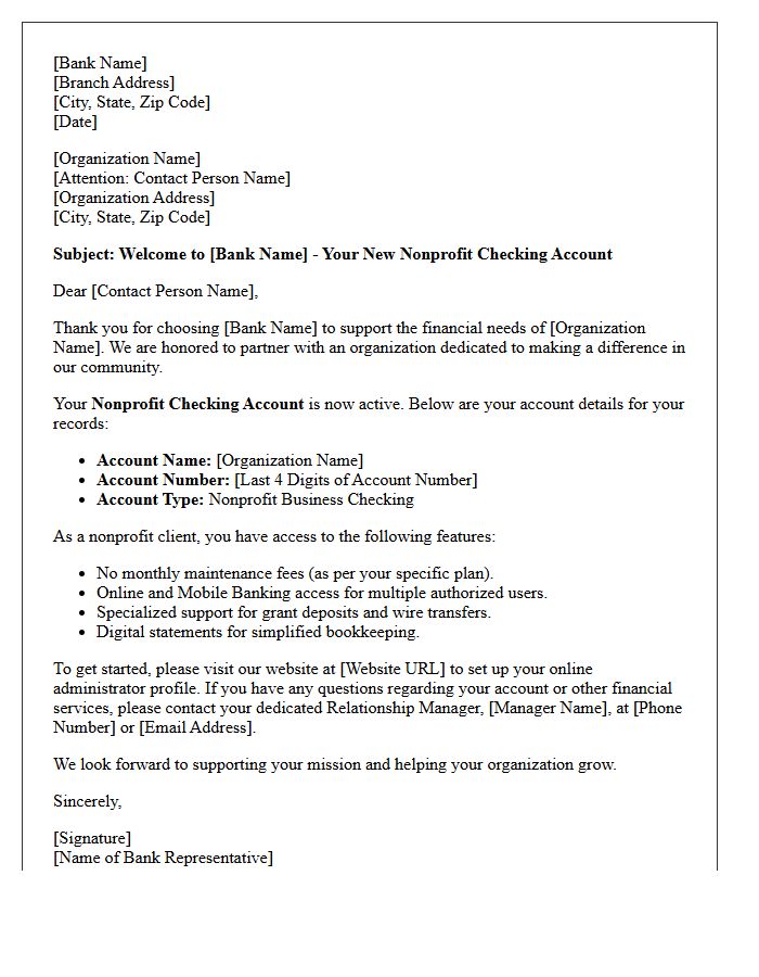 Nonprofit Organization Checking Account Welcome Letter