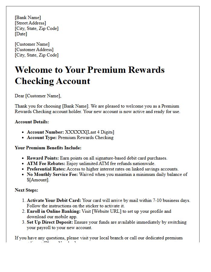 Premium Rewards Checking Account Welcome Letter