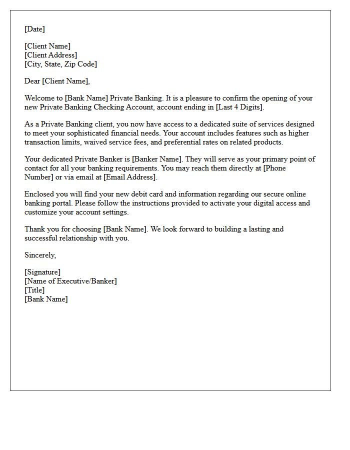 Private Banking Checking Account Welcome Letter