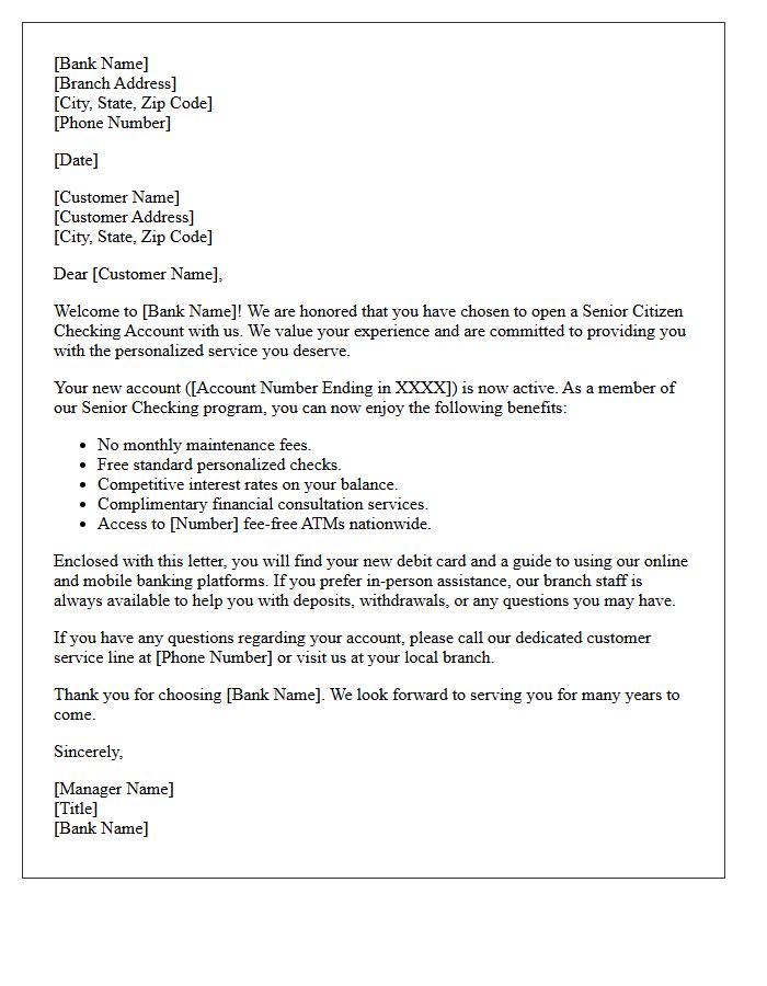 Senior Citizen Checking Account Welcome Letter