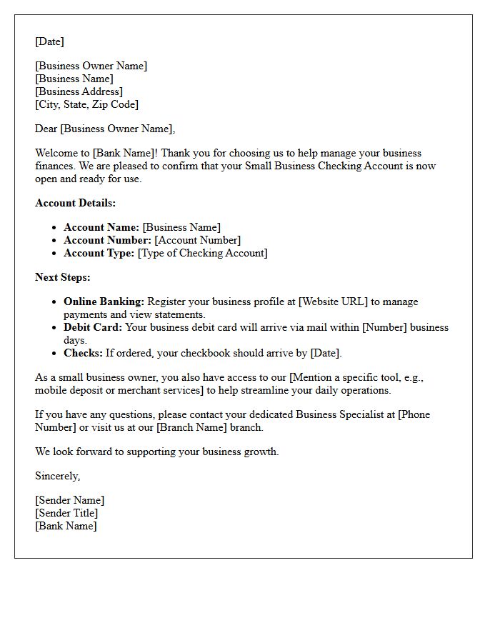 Small Business Checking Account Welcome Letter