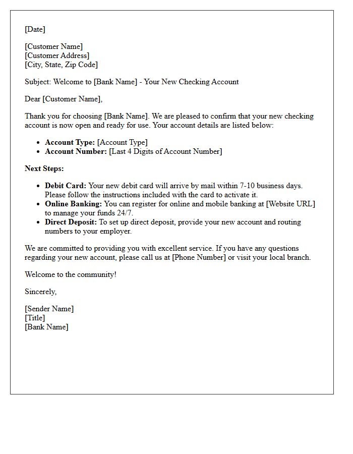 Standard New Checking Account Welcome Letter