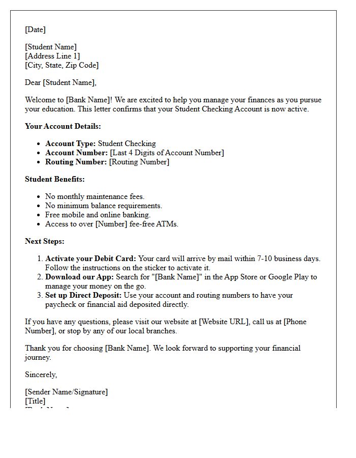 Student Checking Account Welcome Letter