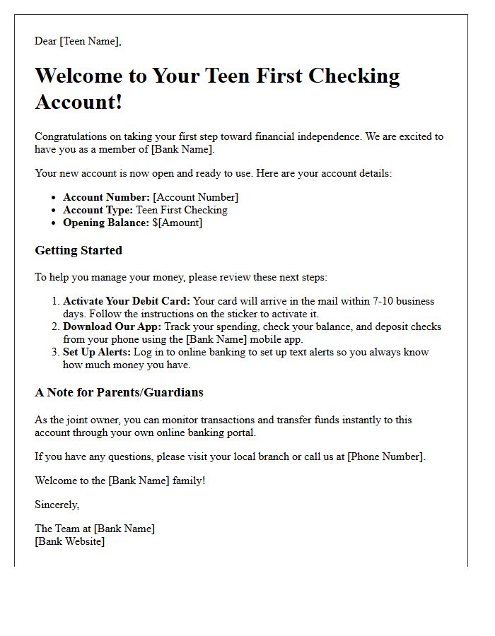 Teen First Checking Account Welcome Letter