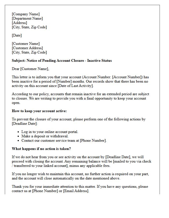 Account Closure Warning Letter Due to Inactive Status