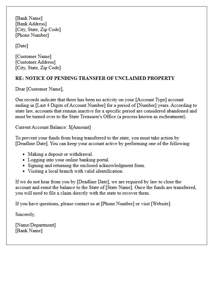 Banking Letter Concerning Impending Escheatment of Inactive Account
