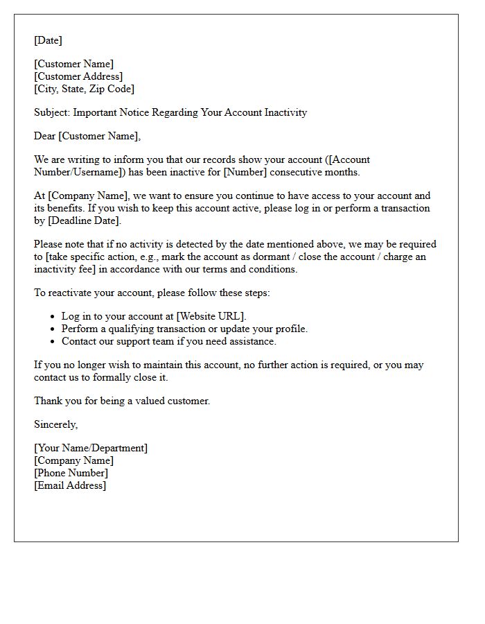 Customer Alert Letter for Consecutive Months of Account Inactivity