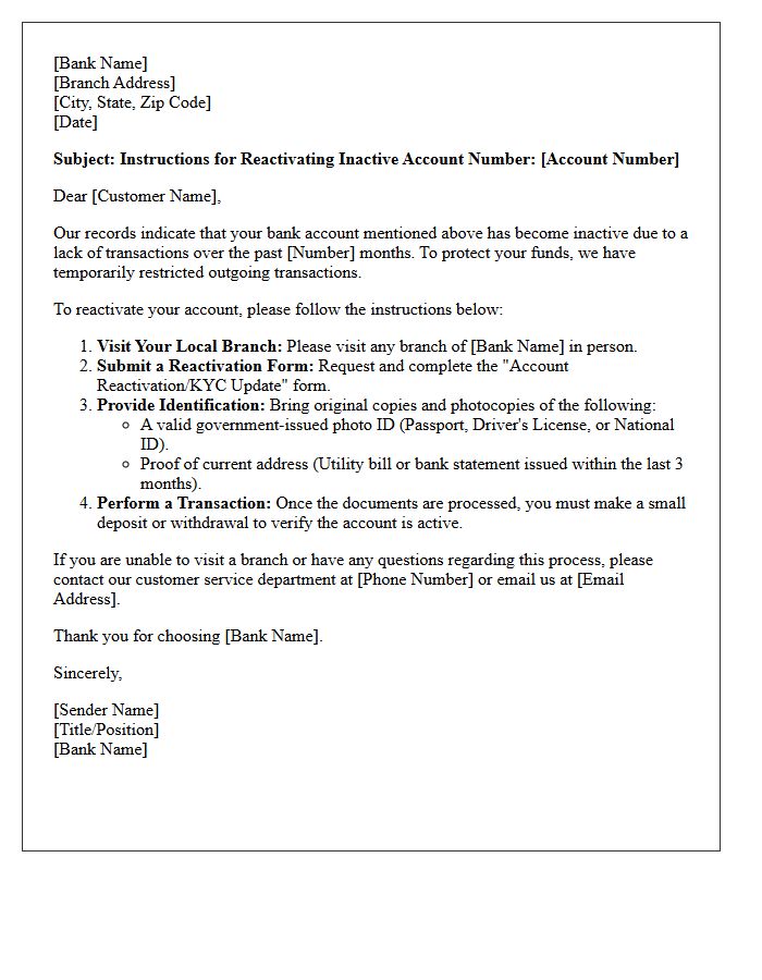 Instructional Letter for Reactivating an Inactive Bank Account