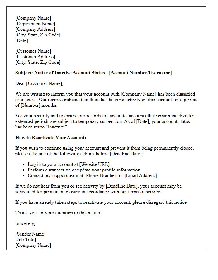 Official Letter of Inactive Account Status and Reactivation