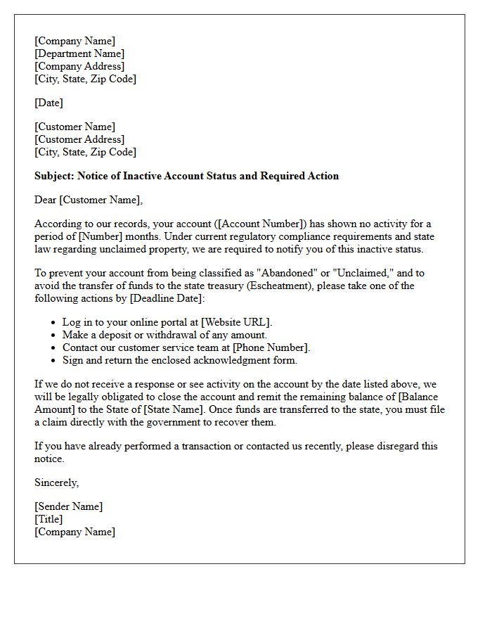 Regulatory Compliance Letter for Inactive Account Status