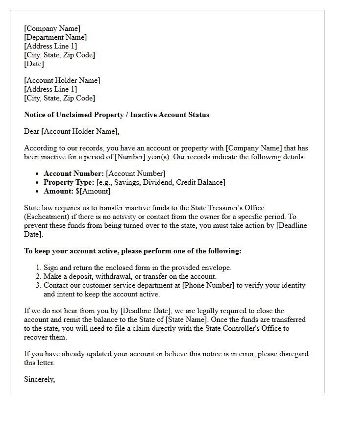 Unclaimed Funds Letter Regarding Inactive Account Status