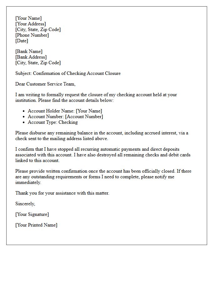 Checking Account Closure Request Confirmation Letter