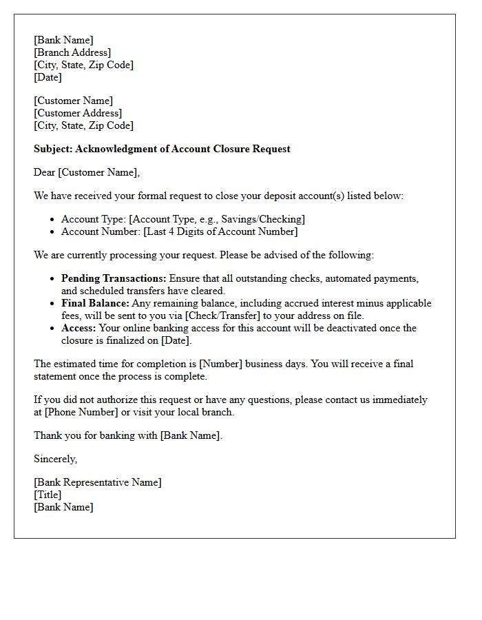 Deposit Account Closure Request Acknowledgment Letter