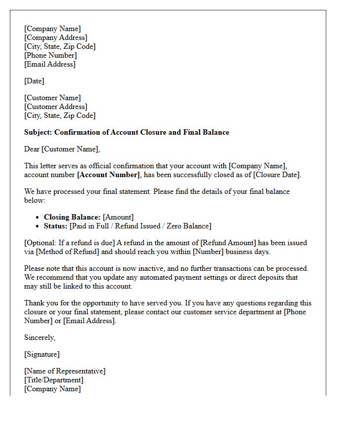 Final Account Balance and Closure Confirmation Letter