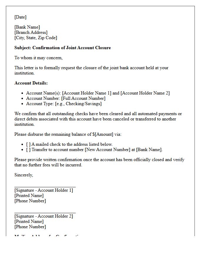 Joint Bank Account Closure Confirmation Letter