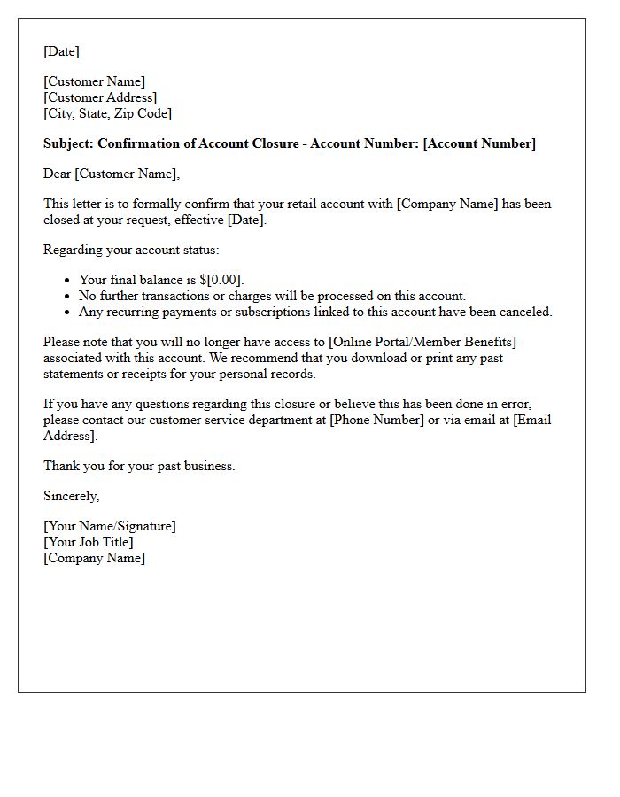 Letter of Confirmation for Retail Account Closure