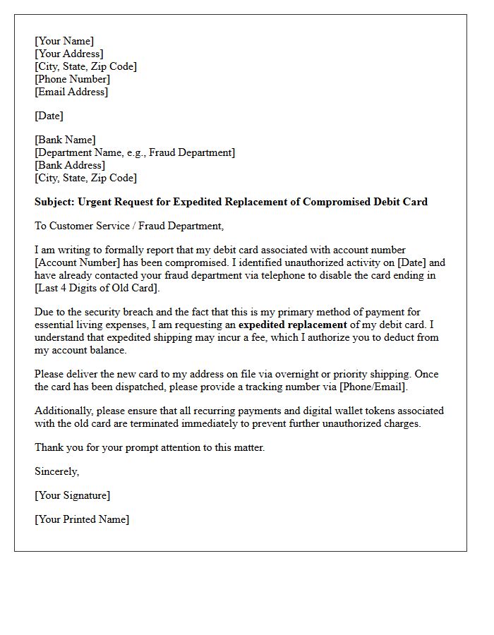 Compromised Account Expedited Debit Card Replacement Letter