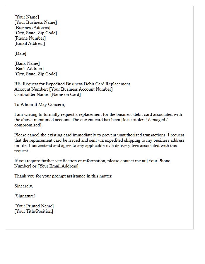 Expedited Business Debit Card Replacement Letter