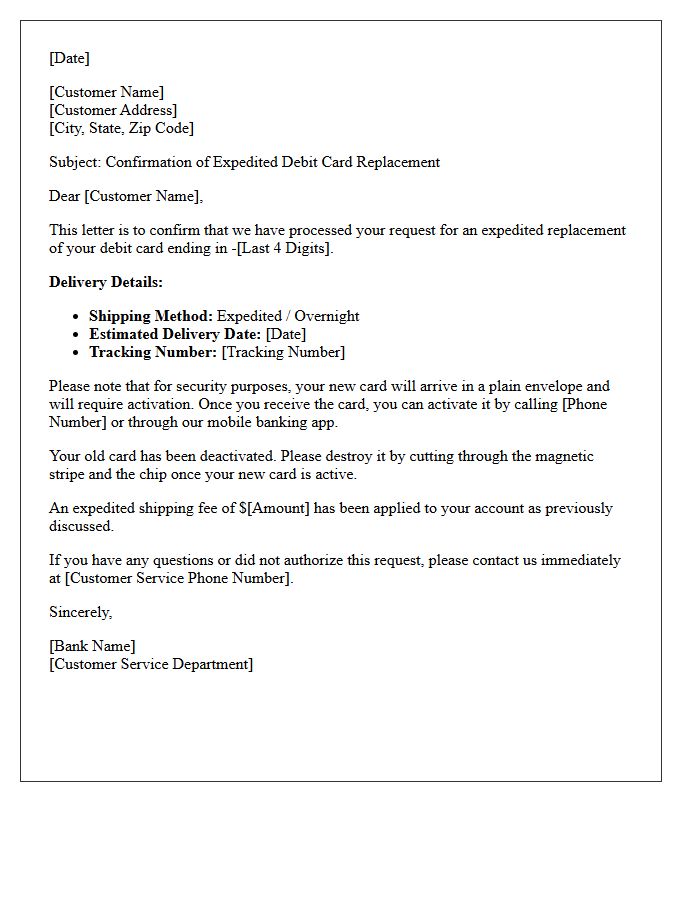 Expedited Debit Card Replacement Notification Letter