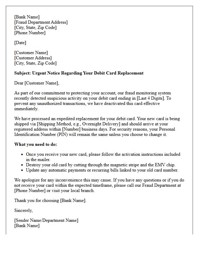 Fraud Prevention Expedited Debit Card Replacement Letter