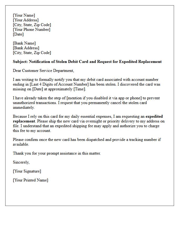 Letter of Notification for Expedited Stolen Debit Card Replacement