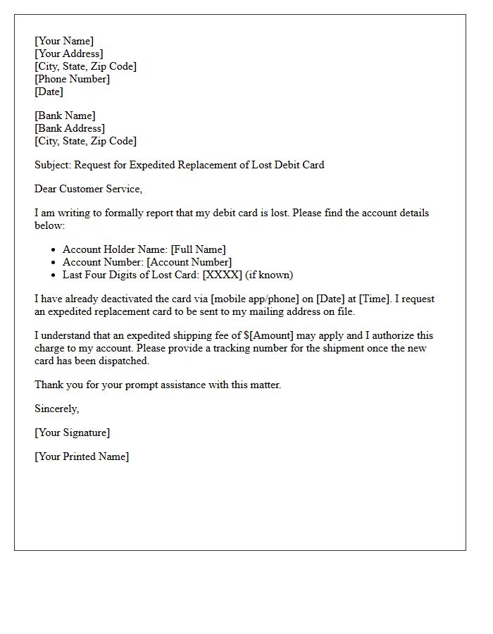 Lost Debit Card Expedited Replacement Notification Letter