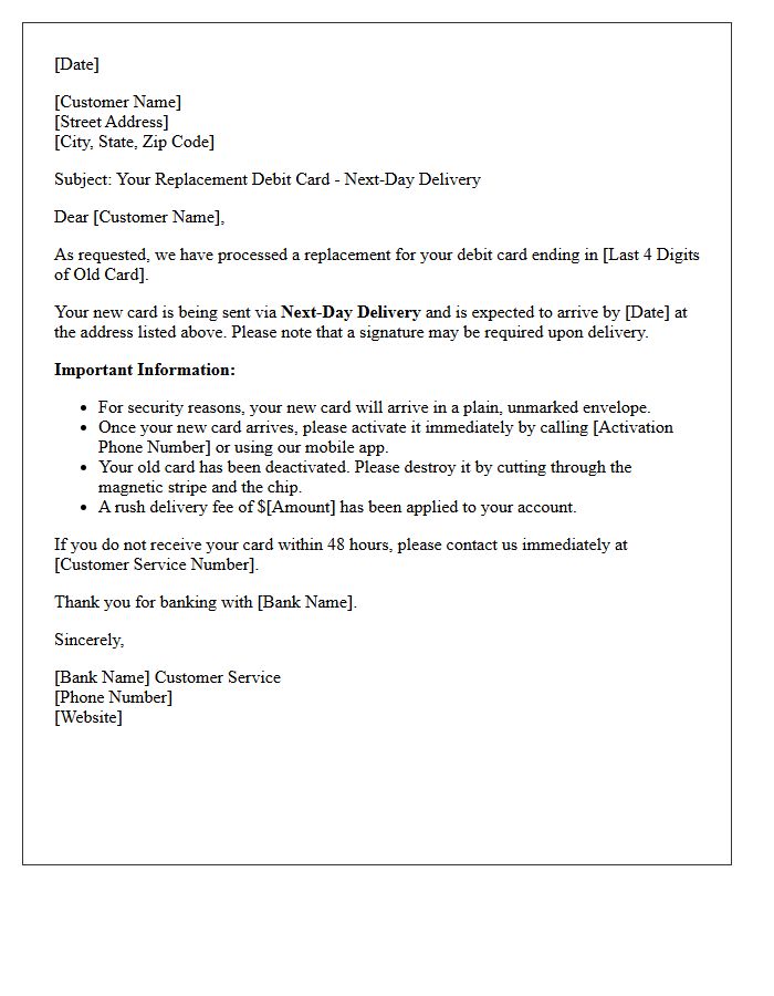 Next-Day Delivery Debit Card Replacement Letter