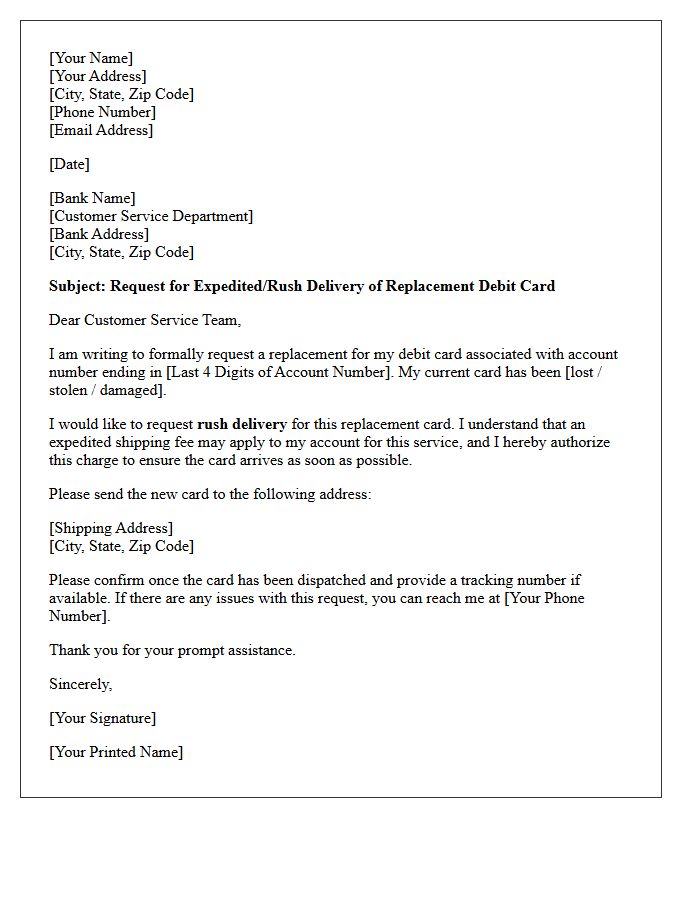 Rush Delivery Debit Card Replacement Letter