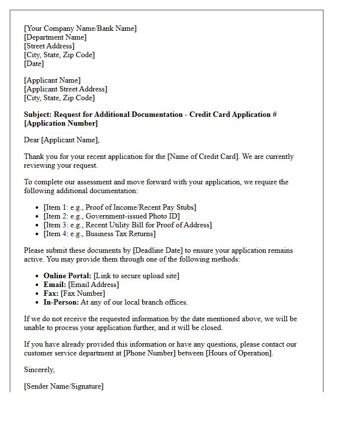 Credit Card Application Additional Documentation Request Letter
