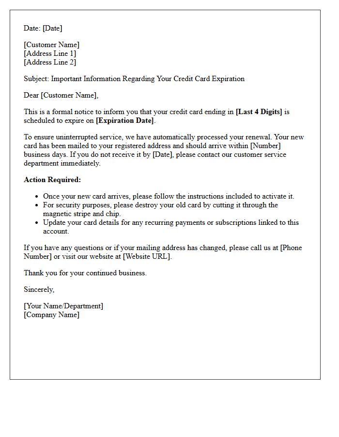 Notice of Credit Card Expiration and Renewal Letter