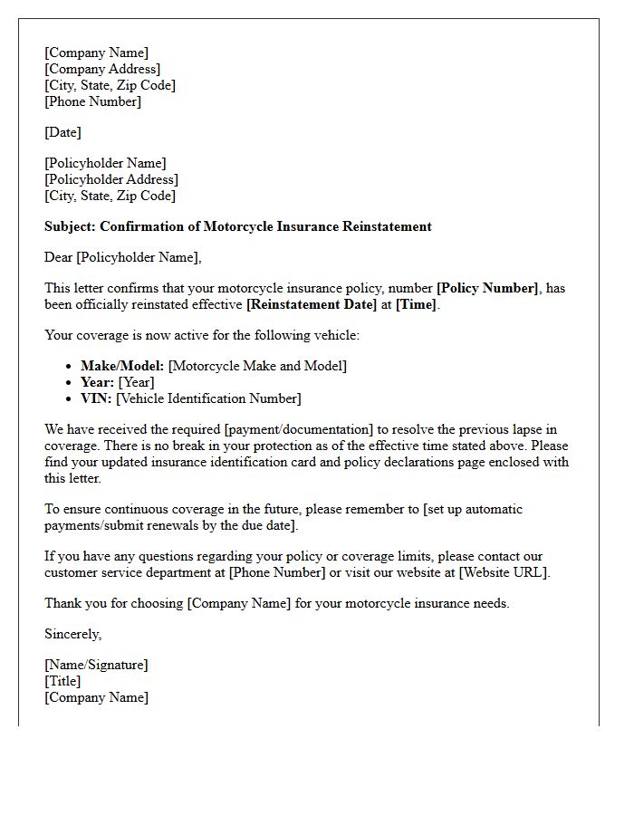 Motorcycle Insurance Reinstatement Confirmation Letter