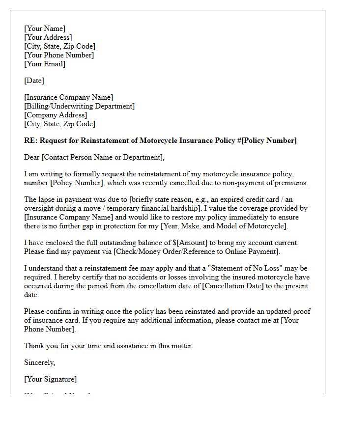 Non-Payment Motorcycle Insurance Reinstatement Letter
