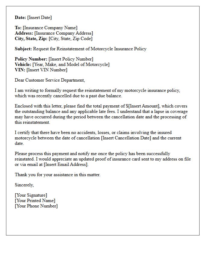 Past Due Balance Motorcycle Insurance Reinstatement Letter