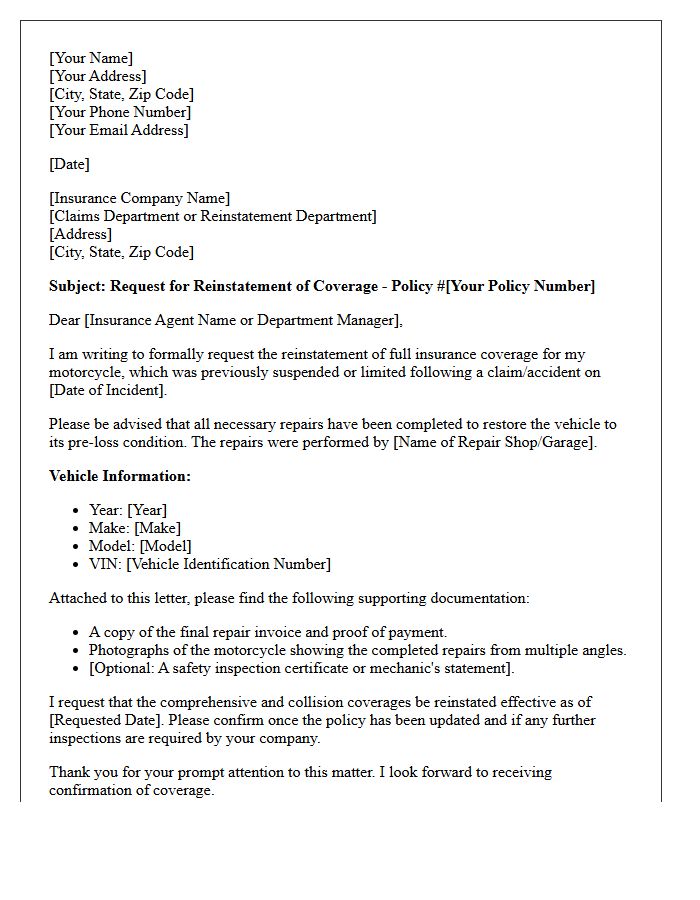 Post-Repair Motorcycle Insurance Reinstatement Letter