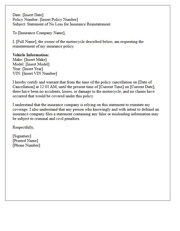 Statement of No Loss Motorcycle Insurance Reinstatement Letter
