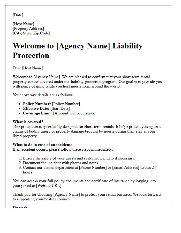 Short-Term Rental Liability Protection Agency Welcome Letter